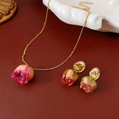 GemChic Women's New Vintage Rose Light Luxury Pendant Necklace Earrings Two Piece Set Birthday Christmas Jewelry Gift