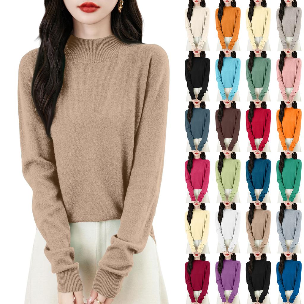 Women's Fashion Flat-Knit Half-Turtleneck Pullover Sweater Solid Color Long-Sleeve Top