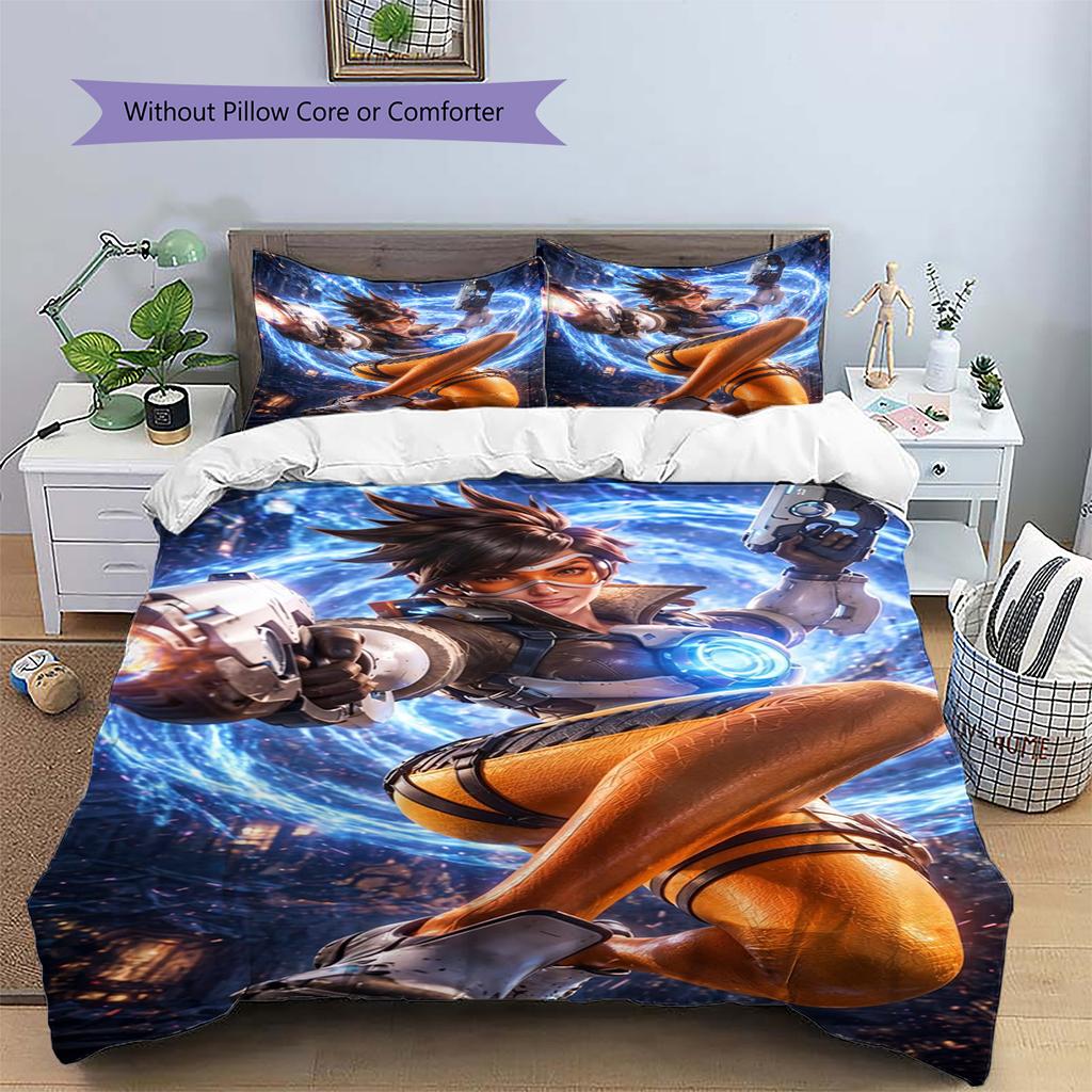 Overwatch Heroes Pattern Bedding Set Quilt Cover Pillowcase Home Decor Gift (1 * Duvet Cover + 2 * Pillowcase, Without Core)