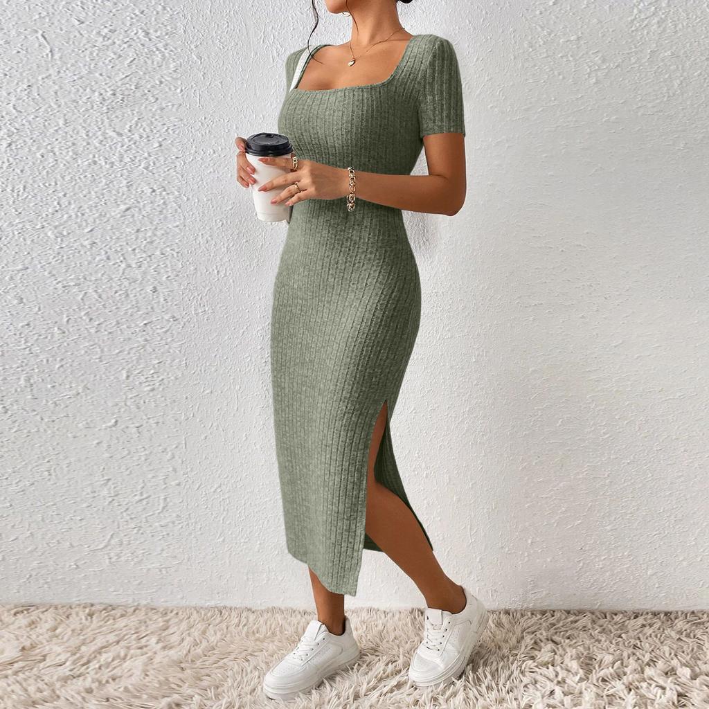 Women’s Square Neck Short Sleeve Ribbed Knit Fitted Midi Dress with Side Slit Bodycon Casual Style for Daily Wear