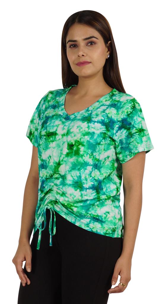 Moomaya Tie Dye Short Sleeve Ruching Tops For Women V-Neck Casual Jersey Tee