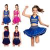 Girls Cheerleading Crop Top V Neck Sleeveless Rhinestone Metallic Trim with Built-in Shorts Asymmetrical Ruffled Skirt for Competition Stage