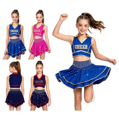 Dívčí crop top pro roztleskávačky, výstřih do V, bez rukávů, s kamínky a metalickým lemováním, se všitými šortkami, asymetrická volánková sukně pro soutěžní pódium