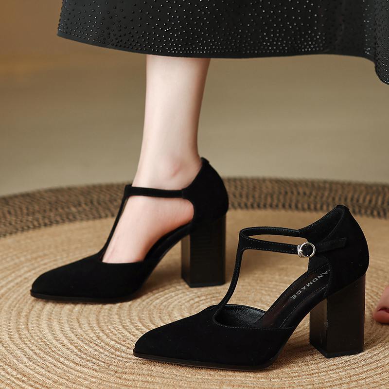 Krazing Pot Sheepskin Suede Round Toe Size 41 Thick High Heels Buckle Office Lady Gladiator Autumn Pumps