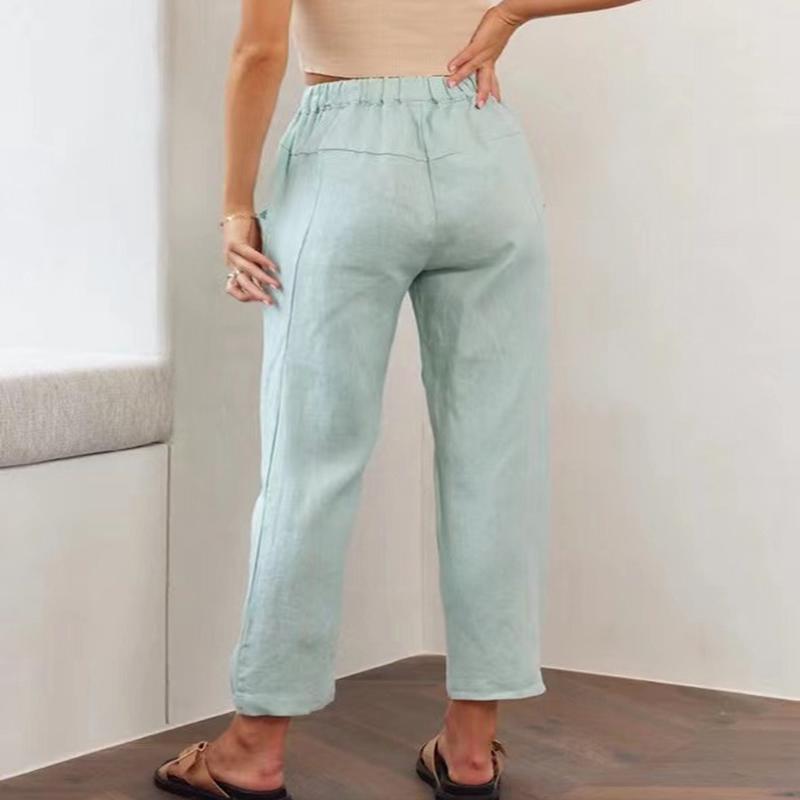 Women Spring Fall Fashion Wardrobe Staple Versatile Solid Color Cotton Linen High-Waisted Straight-leg Ankle Pants Trousers