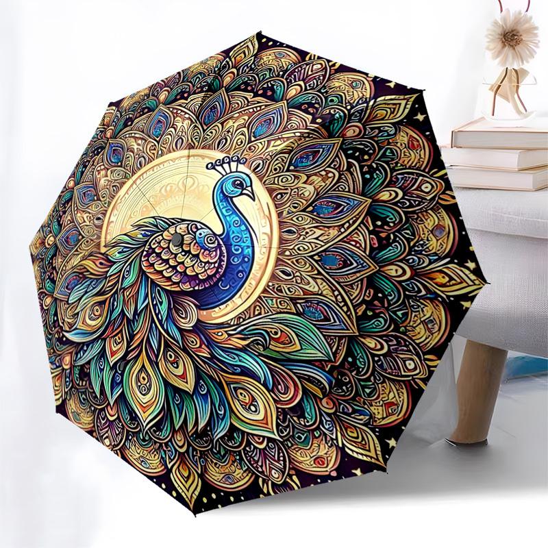 

1pc Mandala Peacock Design Automatic Folding Umbrella - Portable 3-Fold Design, 8-Bone Iron Frame Outdoor Umbrella, Festival Gift for Fans, Travelers,