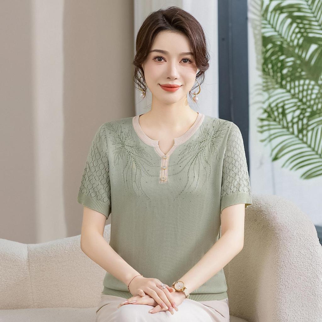 Summer 2026 Ice Silk Knit T-Shirt: Short-Sleeve, Loose Fit for Middle-Aged & Elderly Women