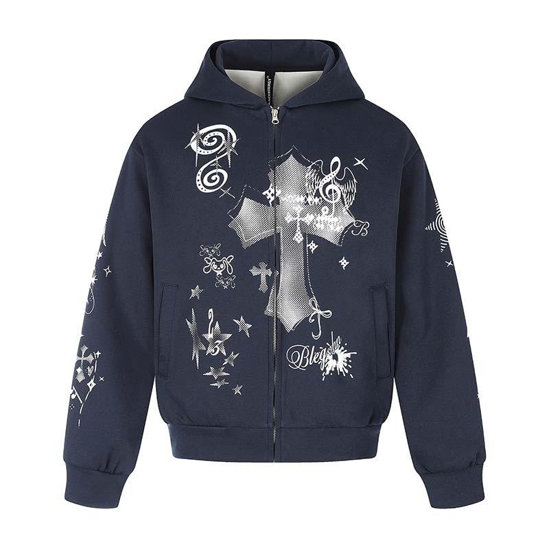 Unisex Oversized Hooded Zip-Up Sweatshirt With Cross Print Cotton Long Sleeve Casual Top Fall