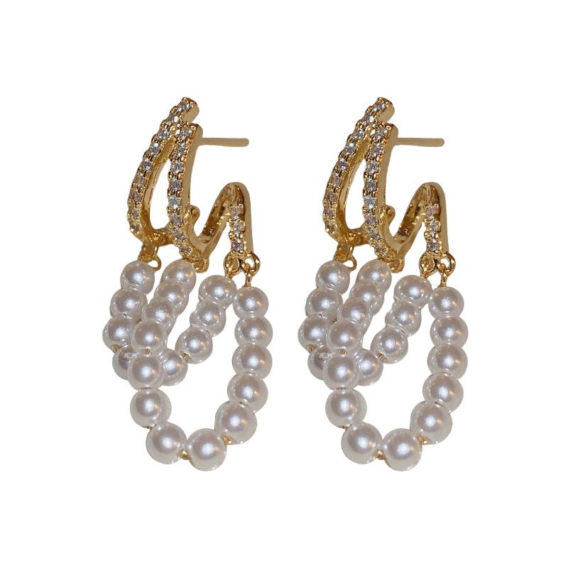 Retro Double Layer Pearl Tassel Stud Earrings - Real Gold Plated Fashion for Women