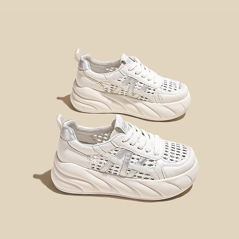 Summer New Hollow Leather Thick Sole Height Increase 6cm Fashion Casual Shoes Women's Versatile Breathable Sports Shoes