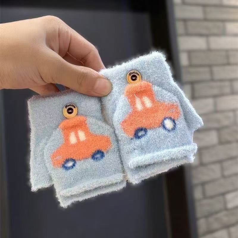 2025 New Children's Gloves Autumn and Winter Flip Baby Cute Cartoon Car Finger Gloves Students Cold