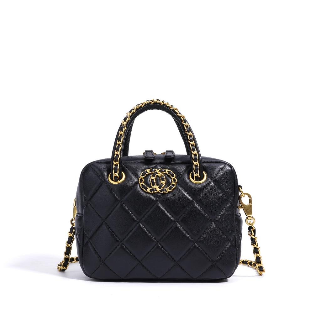 High-end bowling shoulder bag, lambskin quilted chain handbag, elegant small-style commuter crossbody bag