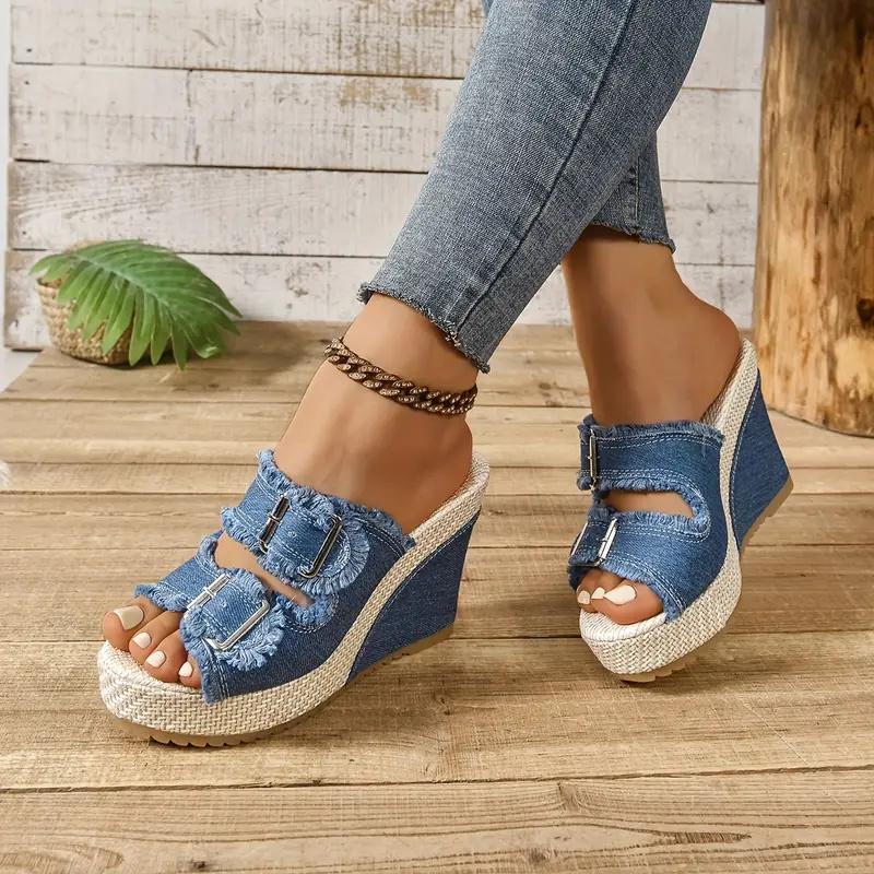 Fashion Women Platform Sandals Summer Straw Weaving Sandals Thick Sole Wedges Denim Slippers Fashion Double Buckle Strap Shoes Women