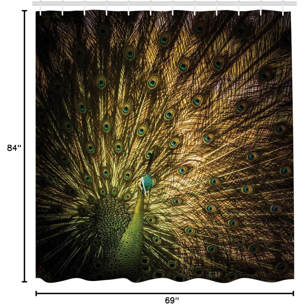 majestic male peacock shower curtain, dark hued feather art, modern print, fabric bathroom decor
