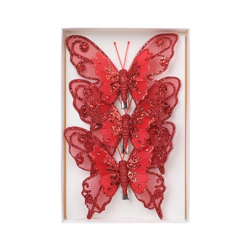 QX2E Set of 3 Glittering Butterfly with Clip for Christmas Tree Holiday Decoration