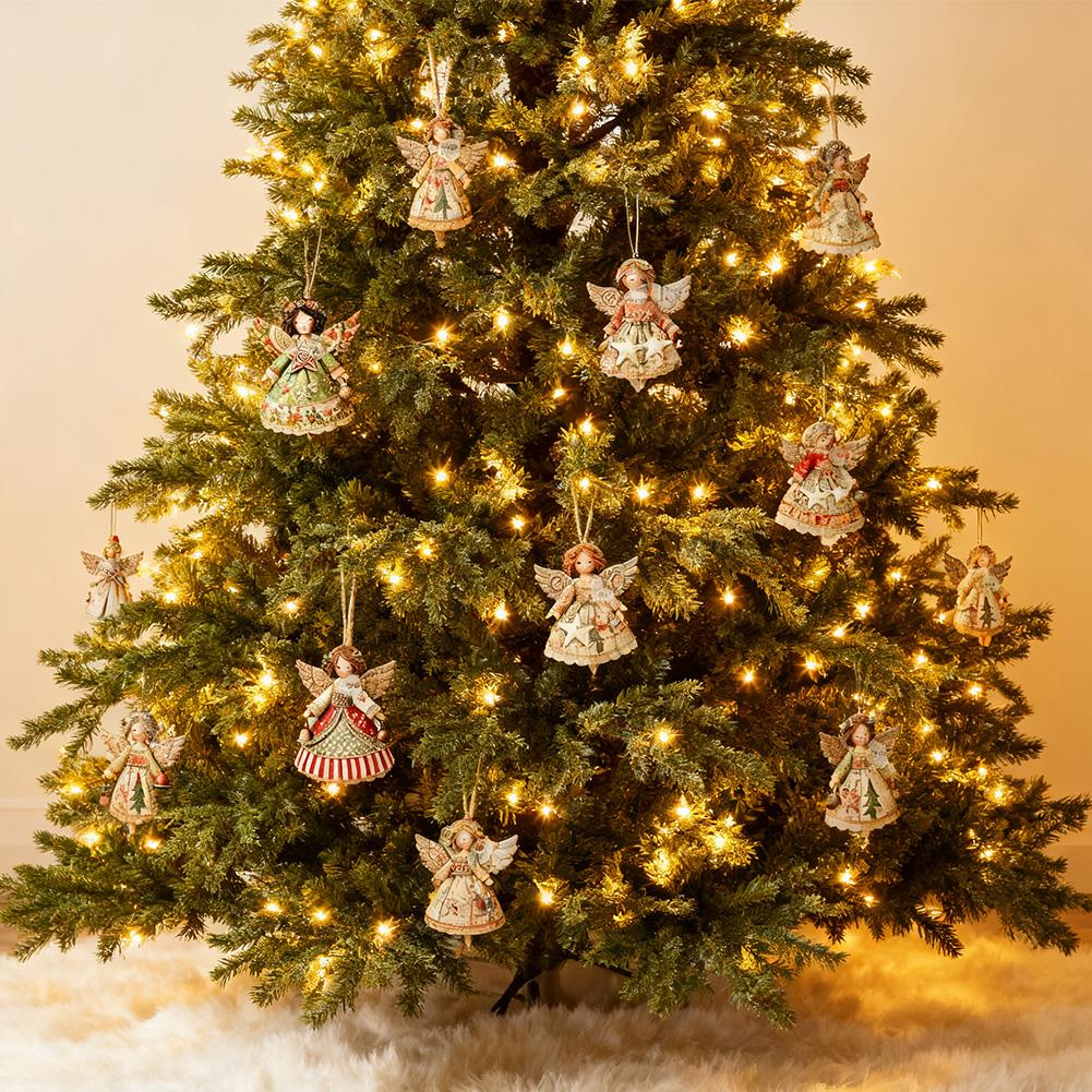 6/12/24PCS Christmas Tree Decorations 2D Angel With Bell Hanging Ornaments Wooden Angel-Shaped Pendants for Xmas Tree Home Decor