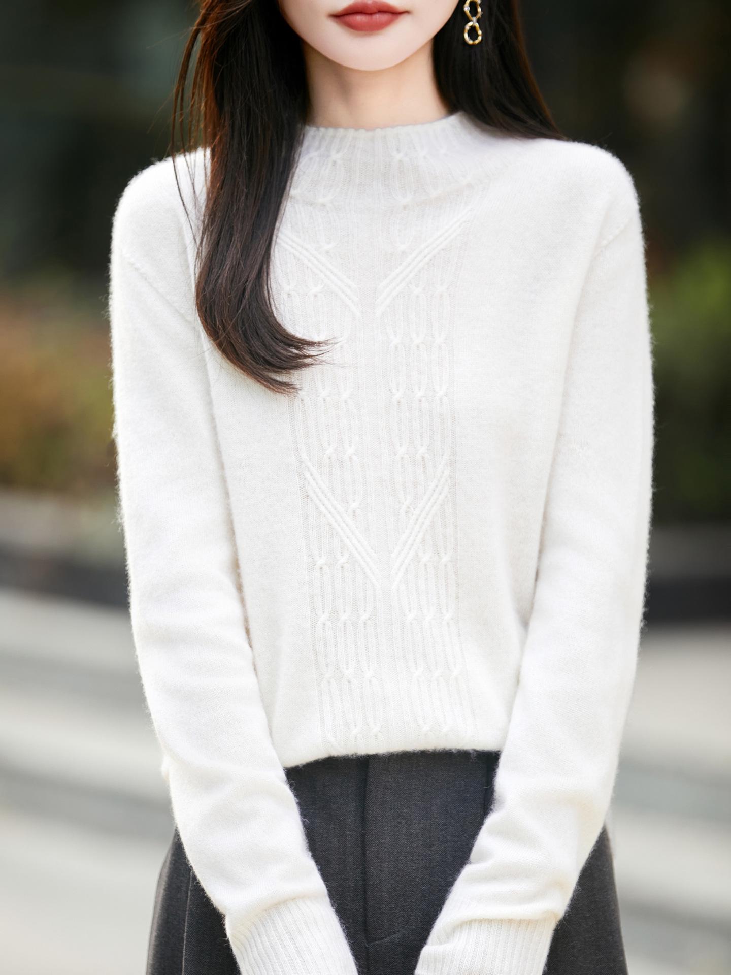 Women s High Neck Jacquard Pullover - 100% Wool Sweater for Autumn/Winter. Large