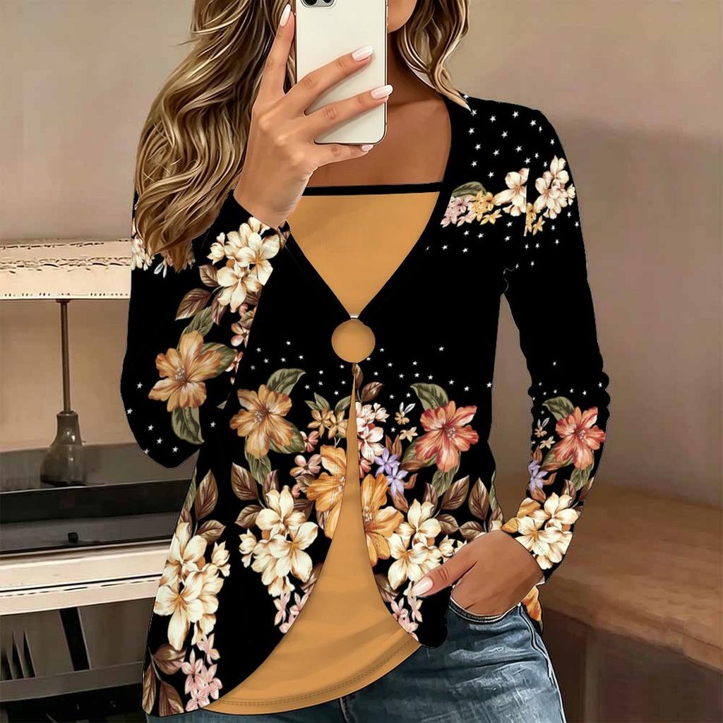 Tops for Women Floral Print Long Sleeve Fake Two‑Piece Top Fall Casual Slim Pullover Women's Long Sleeve Top