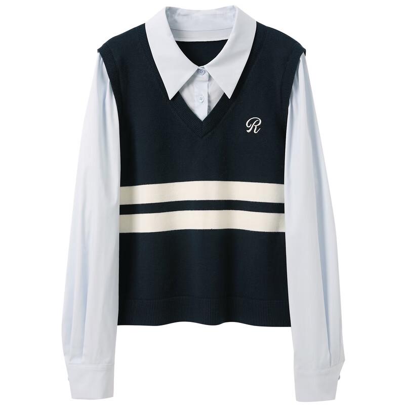 Sancai Women's Plus Size Faux Two-Piece Striped Knit Sweater