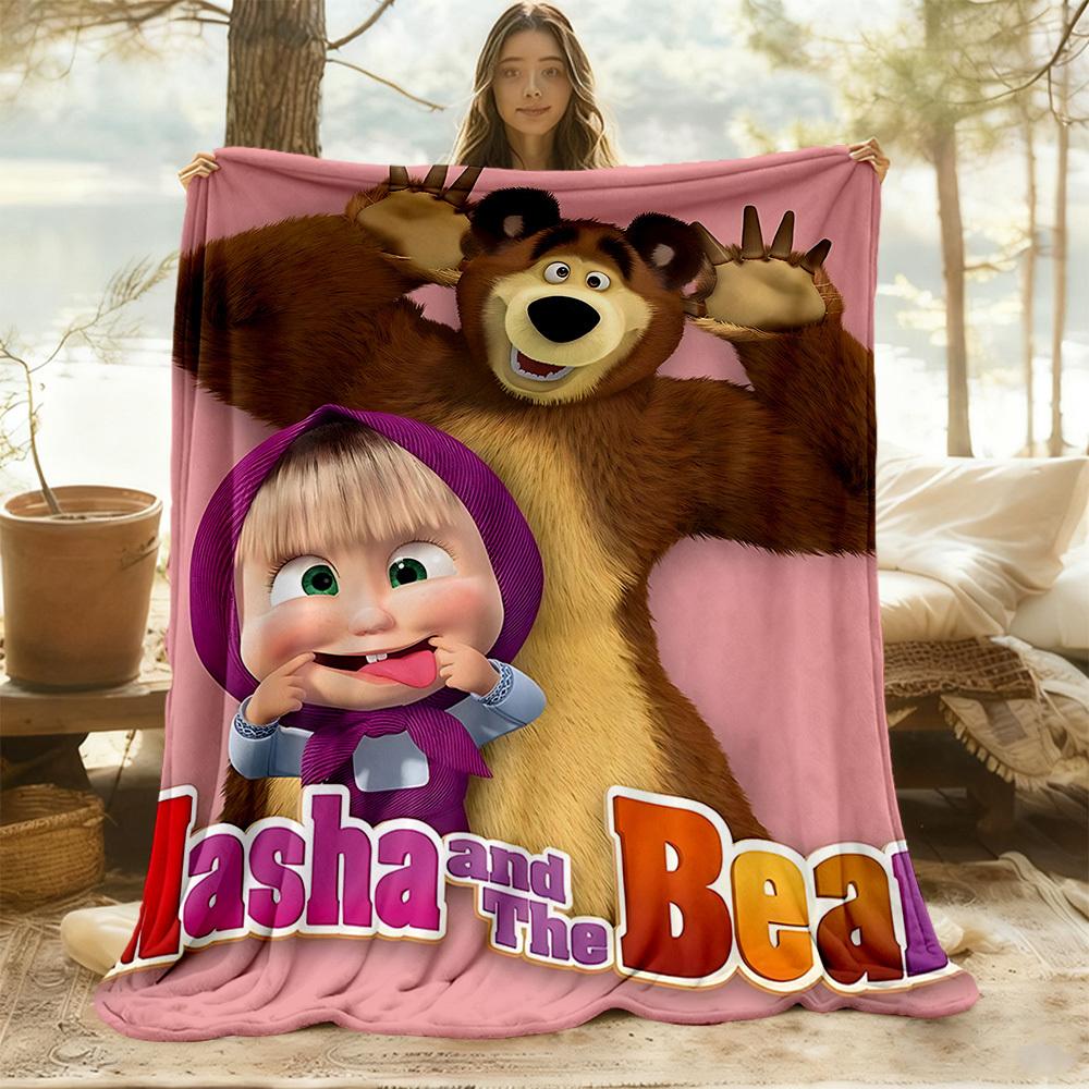1pc Masha Bear Outdoor Blanket Lightweight Flannel, Soft & Warm, All-Season Use for Sofa, Outdoor, Camping, Living Room034