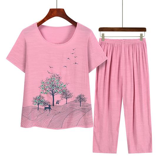 Conjunto de Pijama Feminino com Gola Redonda, Manga Curta e Calça Cropped Conjuntos para Relaxar Verão Floral Roupa de Dormir Conjunto Combinando