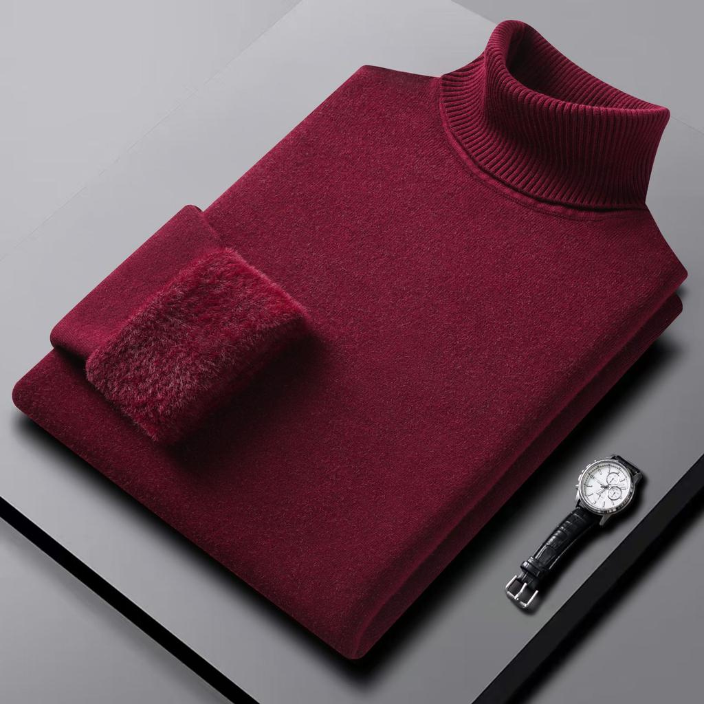 [Machine Washable] Men'S Semi-Turtleneck Sweater Integrated Fleece Winter Fleece Warm Sweater Close-Fitting Knitted Bottoming Shirt