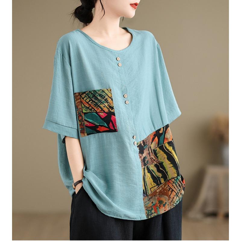 

DIMANAF 2024 летние женские футболки больших размеров с коротким рукавом, винтажные женские топы, свободные повседневные хлопково-льняные рубашки 2XL синий