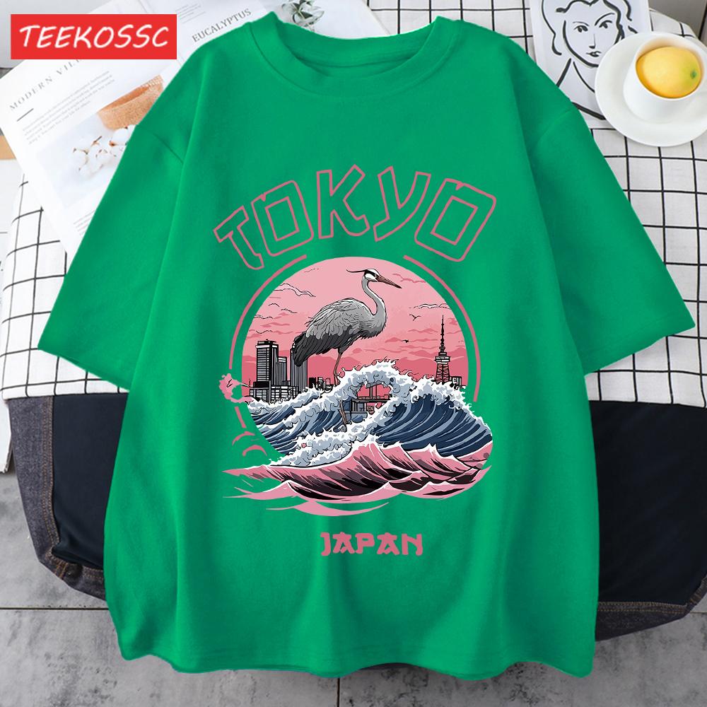 Tokyo Japan Harajuku Crane Waves Men TShirt AllMatch Casual Short Sleeve Cotton Summer Tee Male Hip Hop ONeck Streetwear