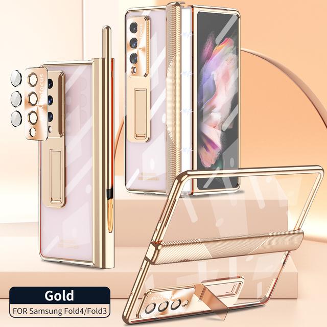 Magnetic Hinge Plating Case For Samsung Galaxy Z Fold 4 3 High Definition Translucent Anti -Drop Hidden Stand Shell Membrane