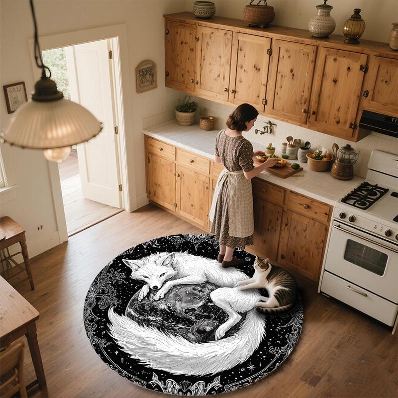 Black and White Fox,Round Area Rug,Carpet Rug for Living Room Bedroom Sofa Playroom Decor,Non-slip Floor Mat