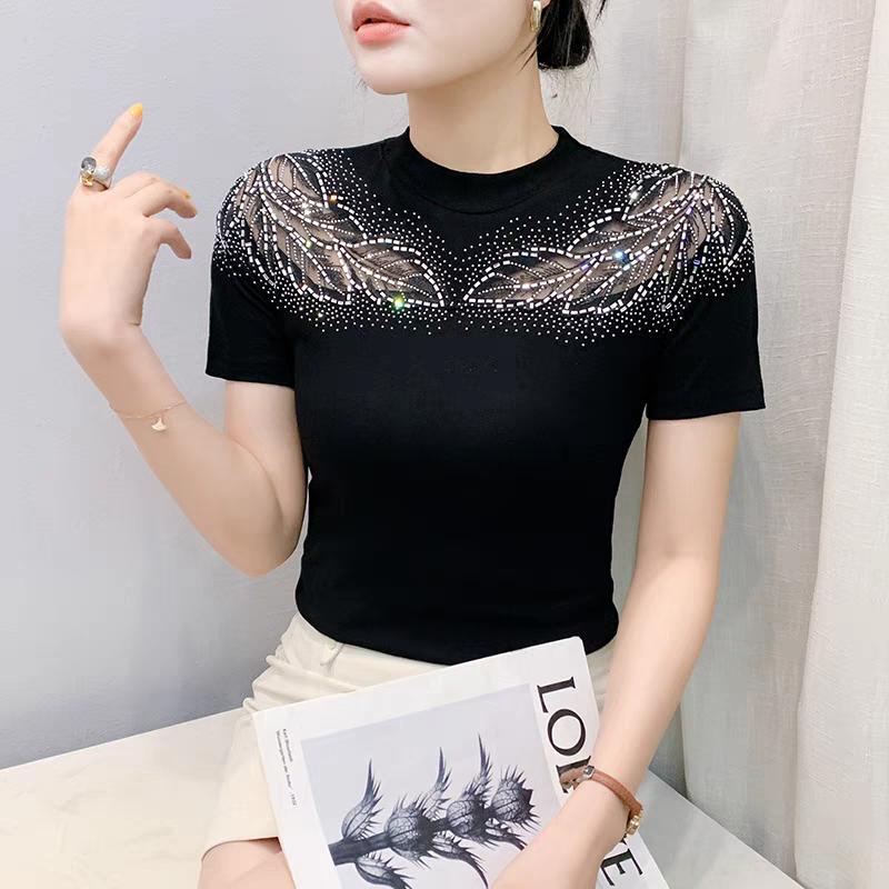 Summer New European Clothes Women's T-Shirt Luxury Hot Diamonds Tops Shirts Fashion Short Sleeve Slim Cotton Tees