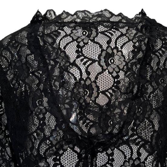 Frauen Elegante Durchsichtige Stickerei Spitze Hemd Tops V-ausschnitt Halbe Hülse Slim Fit Einfarbig Kurze Hemd Unten Abgeschnitten Tops