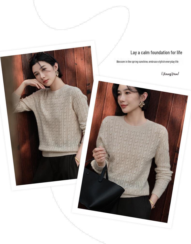 2025 Early Autumn Women's 100% Cashmere Polka Dot Cable Knit Round Neck Sweater