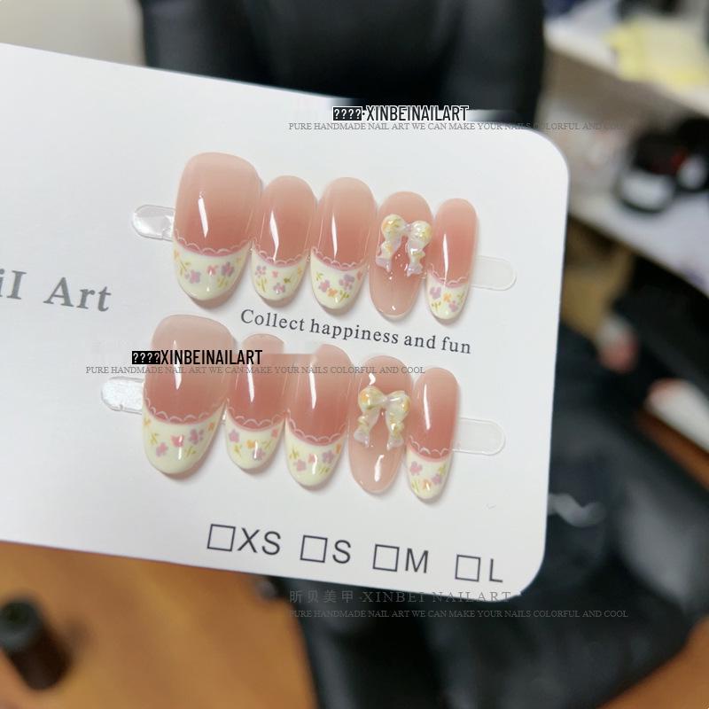 Hand-Painted Lolita Floral Dress with Lace Trim & French Blush Press-On Nails