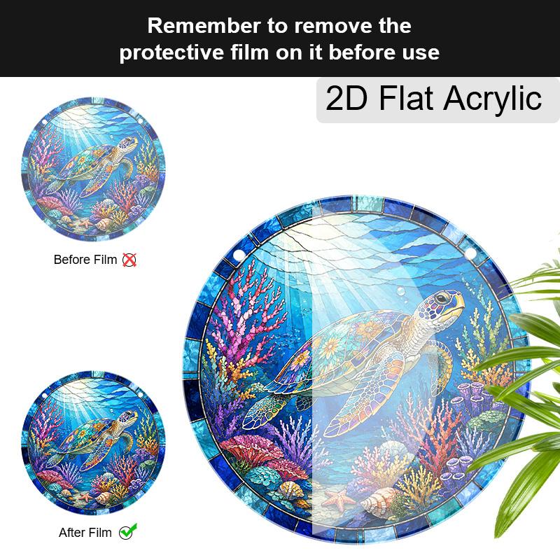 2D Flat Acrylic Blue Sea Turtle Suncatcher Decorative Hanging Ornament, 7.87/11.81inches Summer Underwater World Coral Turtle Design Window Hanging