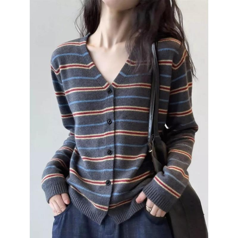 Women V Neck Single Breasted Striped Long Sleeve Knit Cardigan