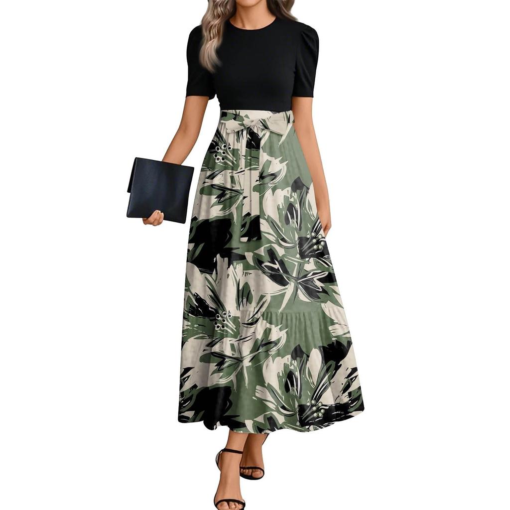 Women's Floral Print High Waist Fashionable And Elegant Dress