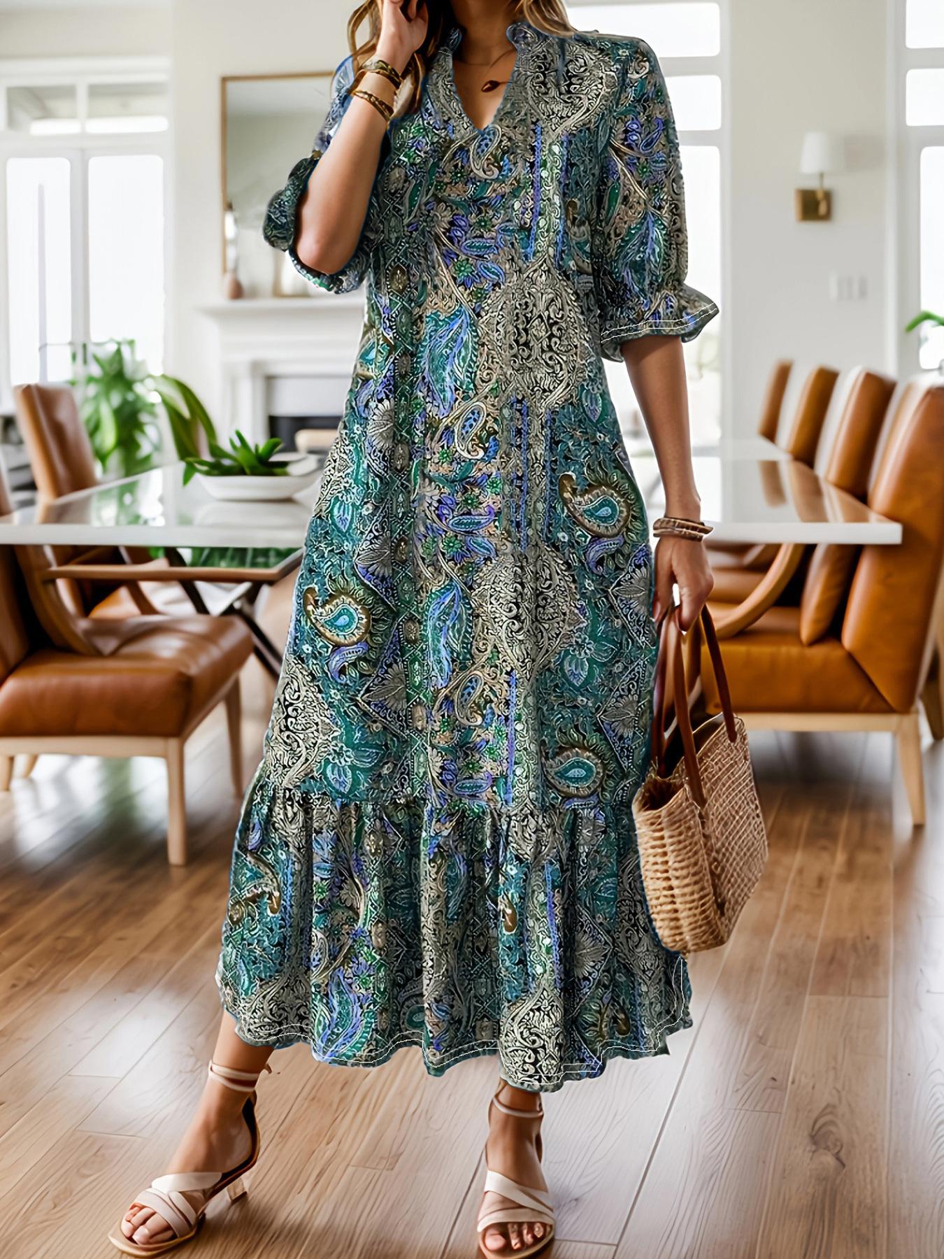 

Women s Long Paisley Print Ruffled Hem V-Neck Half-Sleeve Bohemian Dress 5XL