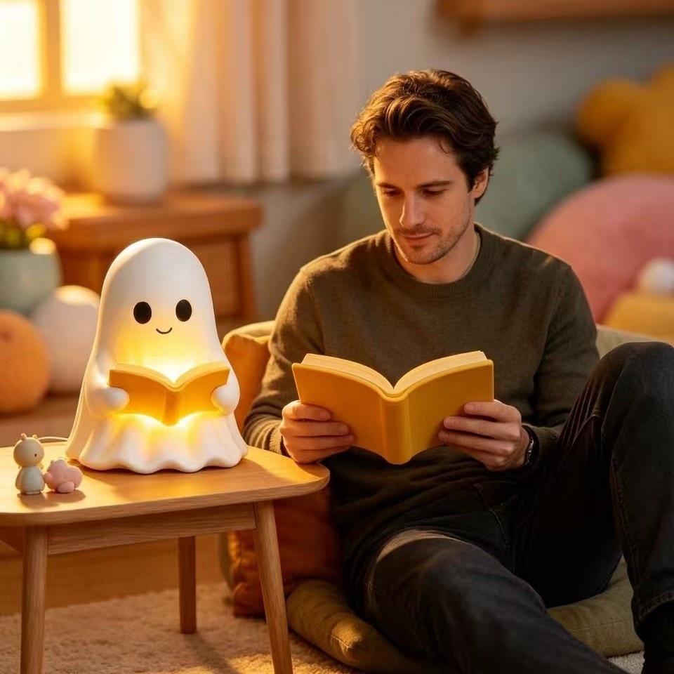 Cute Halloween Ghost Reading Night Light Decor, Warm LED Bedroom Table Lamp, Spooky Yet Adorable Holiday Gift