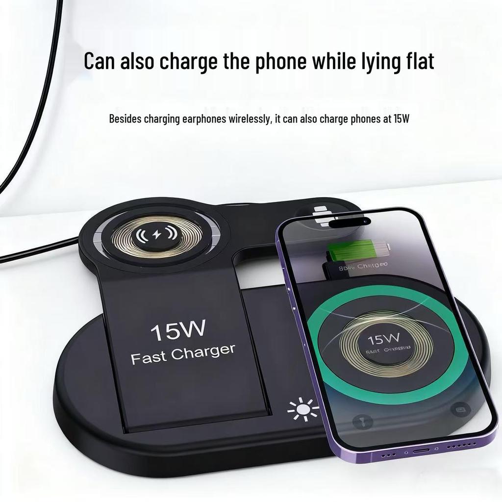 Foldable 3-in-1 Magnetic Wireless Charger for Apple Phone, Watch & Earbuds with Vertical Stand & Data Cable