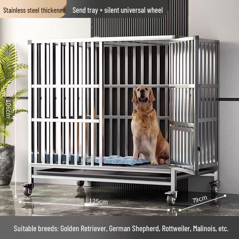 Stainless Steel Medium Folding Dog Cage with Toilet for Indoor Use - Suitable for Border Collies, Golden Retrievers, and Medium-Large Dogs.