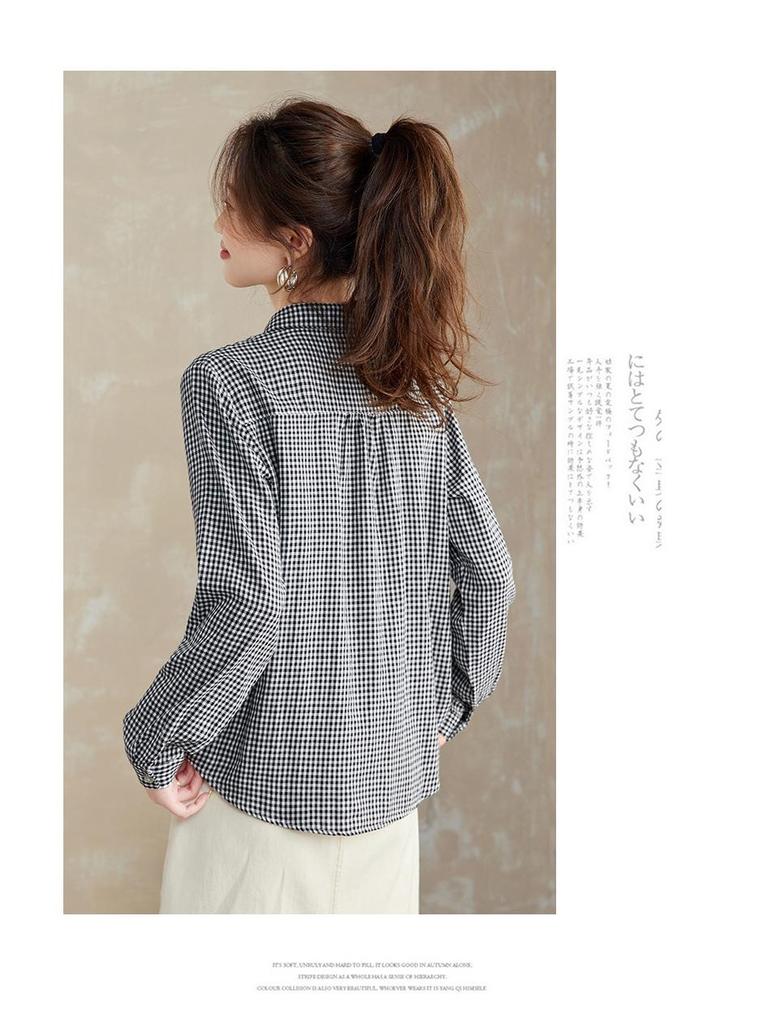 Vintage Damska Bawełniana Koszula w Kratę z Długim Rękawem - Wiosenno-Jesienny Casualowy Top do Warstwowania