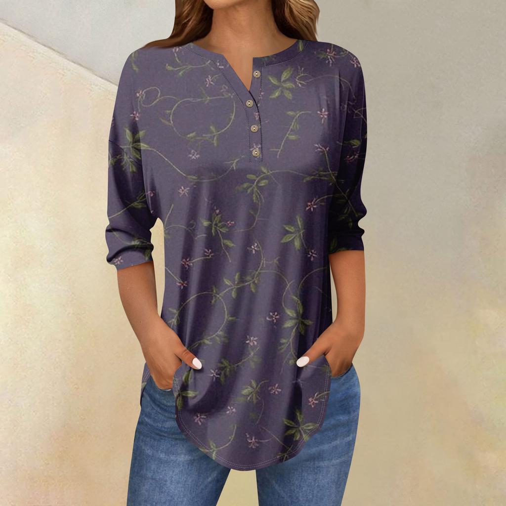 Tee Shirts For Women Fall Casual 3/4 Long Sleeve Button Shirts Sweatshirt Vintage  Top Pullover