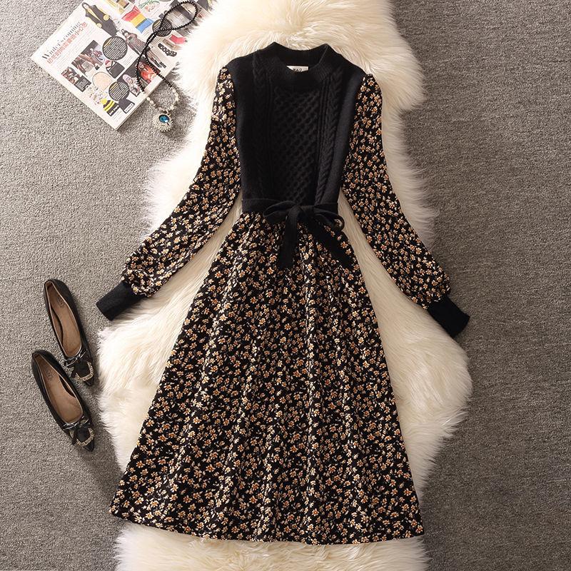 Herbst Neue Oansatz Patchwork Twist Cord Elegante Dame Gestrickte Blumendruck Kleid Frauen Laterne Hülse Schärpen Bogen Midi Kleid