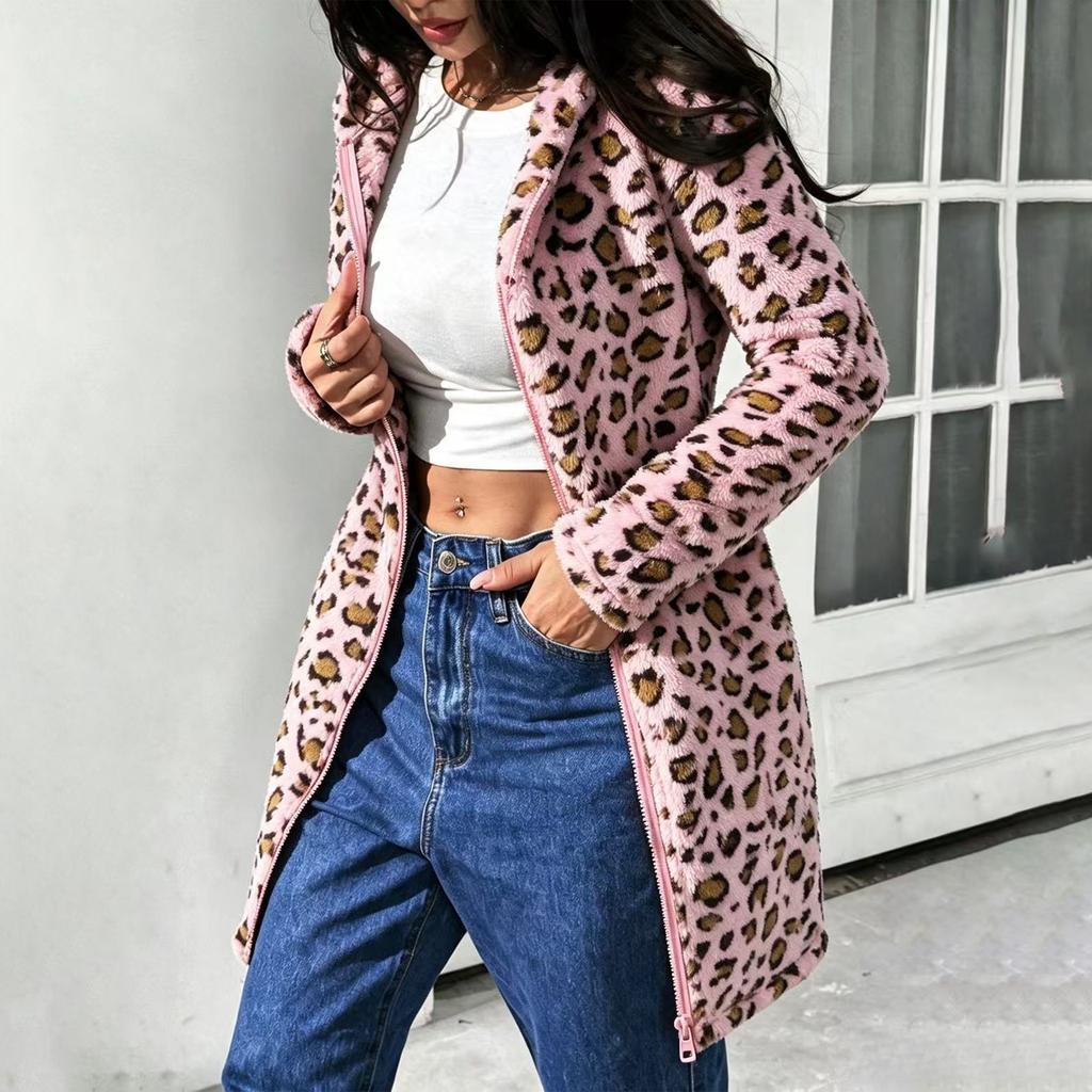 Women's Leopard Print Hooded Long Coat Casual Winter Outerwear for Everyday Wear