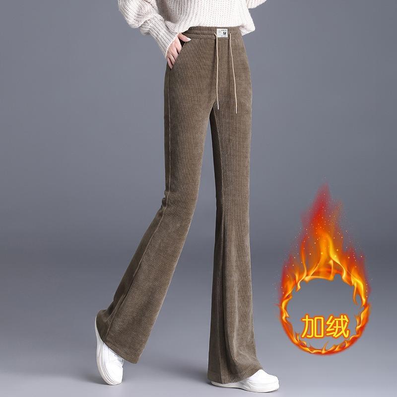 

Осень и зима новые флисовые утолщенные расклешенные брюки женские большого размера свободные и стройнящие с высокой посадкой вельветовые повседневные брюки длинные брюки 5XL (140-80kg)