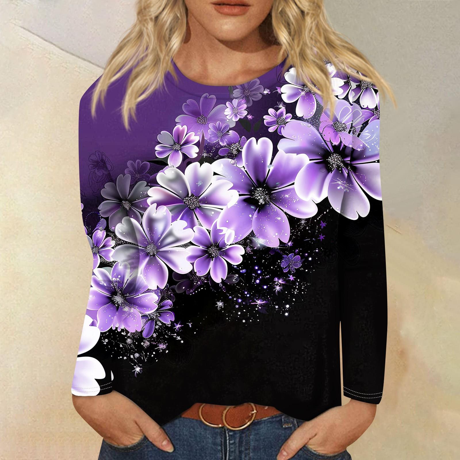 

Женская мода Повседневная ретро-принт с круглым вырезом и длинным рукавом Декоративная футболка Топ XXXXL фиолетовый