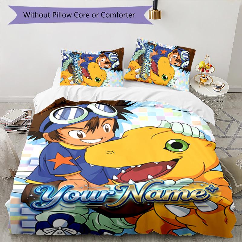 3pcs Digimon Cover Set - Personalized Name, HD Printed Bedding with 1 Cover and 2 Pillowcases - Perfect for Home Decor, Easy Care