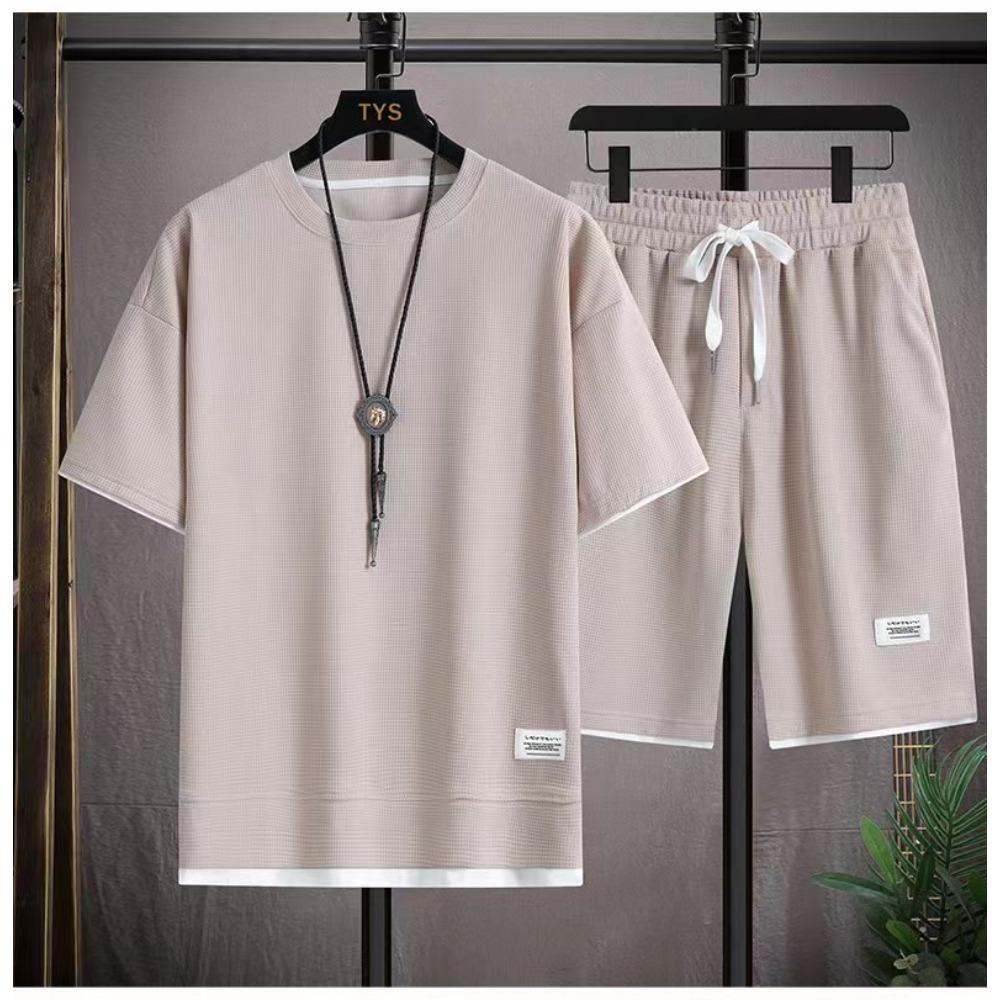 Men s New Waffle Summer Suit Casual T-shirt + Shorts Suit Men s Tracksuit Solid Color Tracksuit Loose Suit XS