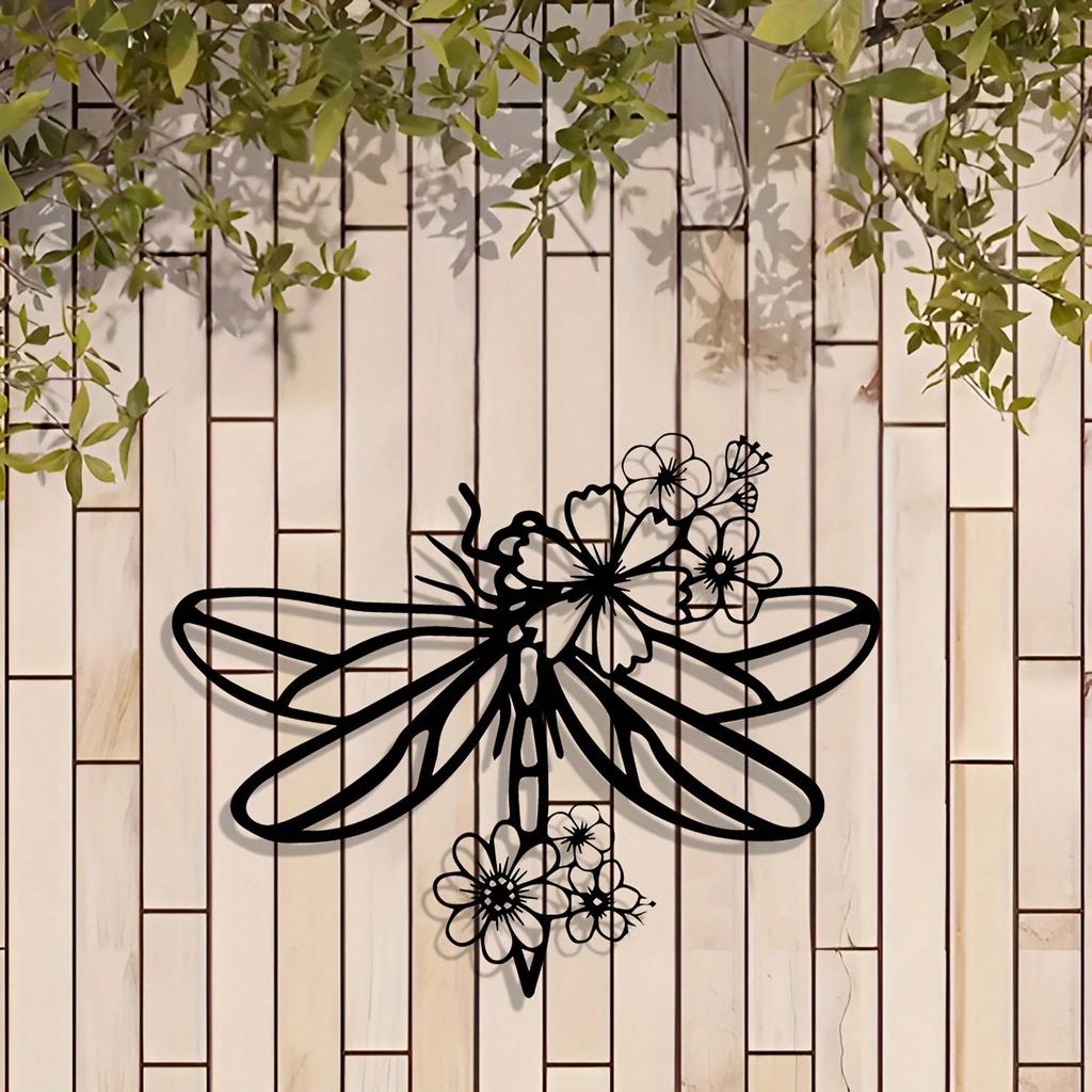 Metal Dragonfly Wall Art Iron Sculpture with Floral Detail Indoor Outdoor Decor Living Room Bedroom Gift Rustic Nature